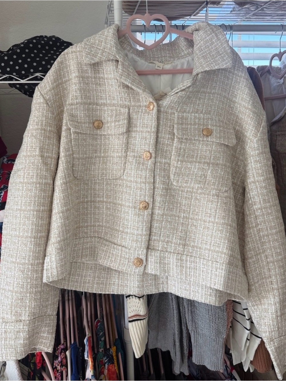 Marled Beige Tweed Shacket Jacket Button Front Collared Women’s blazer - Picture 2 of 4